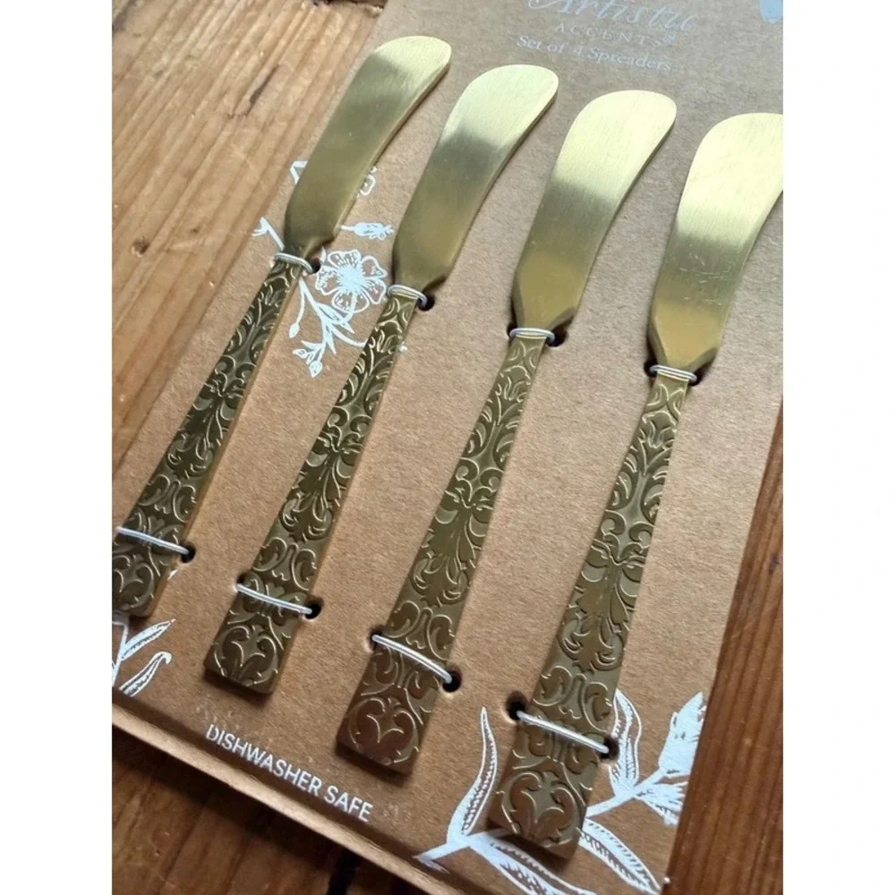 Artistic Accents Gold Spreaders Set of 4 Embossed Floral Pattern